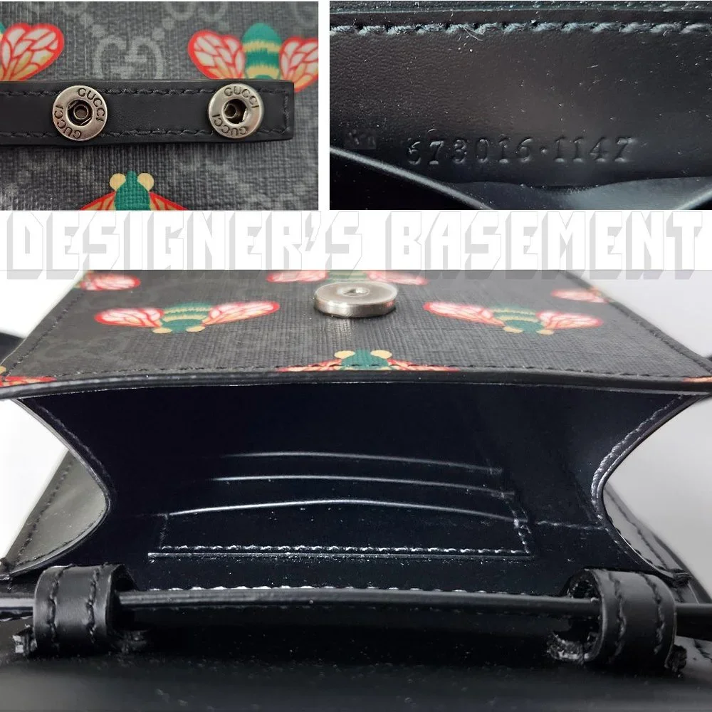 GUCCI black leather BESTIARY Bee GG Supreme black Canvas Cross Body PHONE bag 🎁